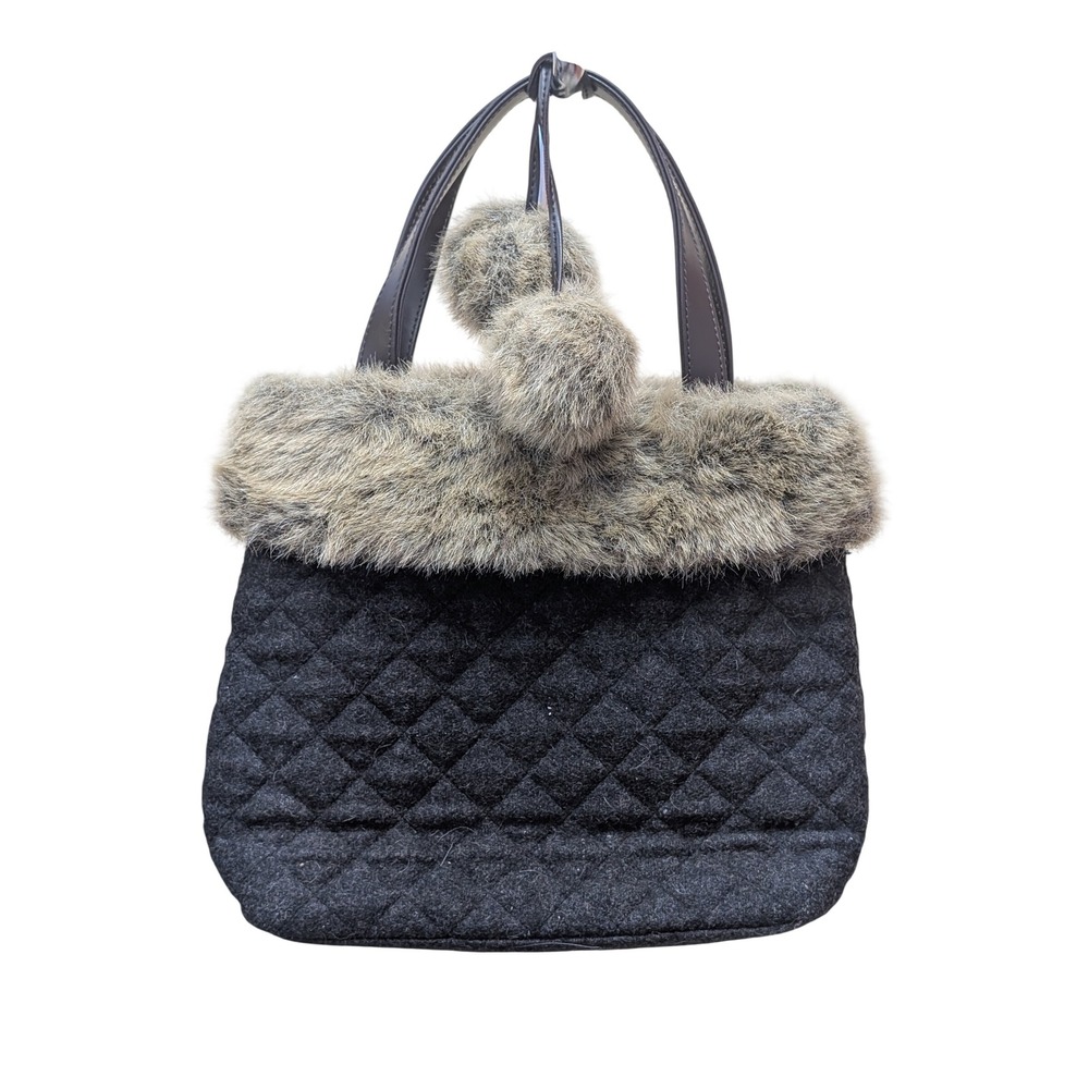 Y2K Bath & Body Works Quilted Wool Felt Mini Tote Bag Black Faux Fur Pom-Poms